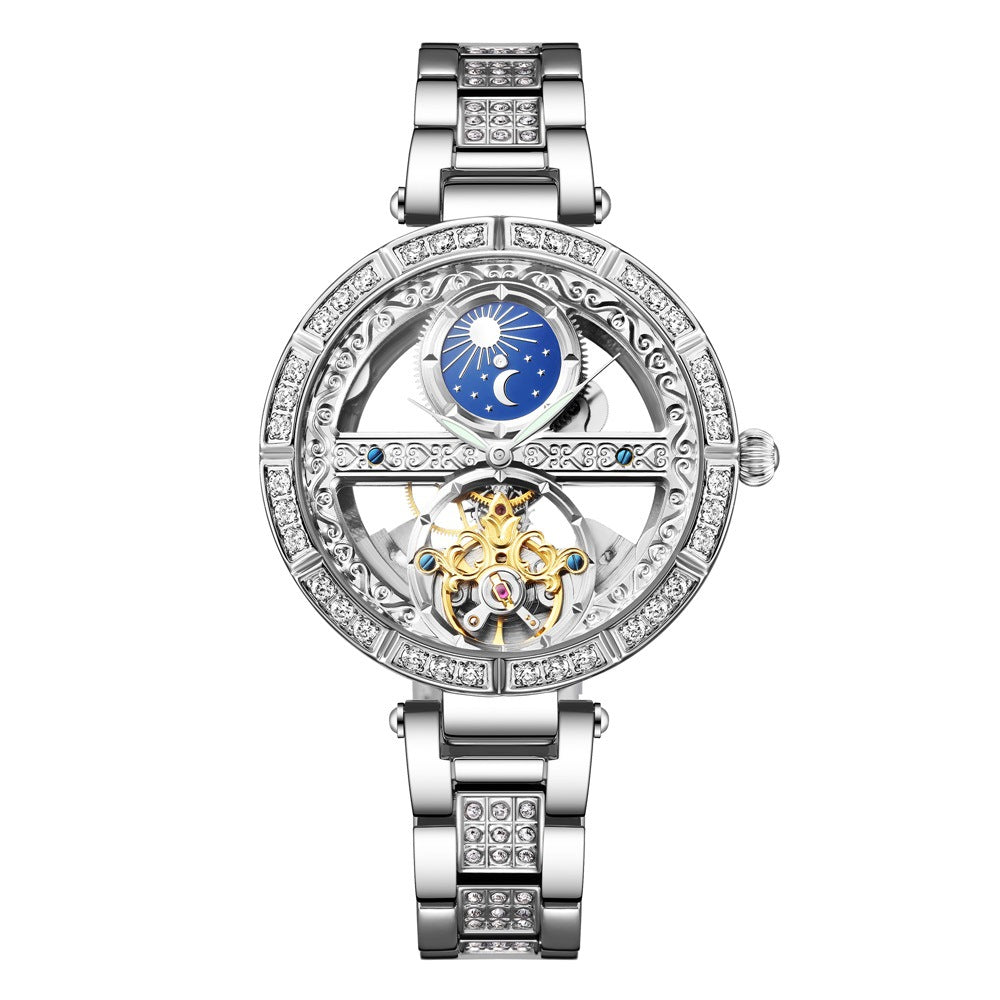 Waterproof Fashion Diamond Carved Hollow Automatic Mechanical Watch Exclusively For Ladies