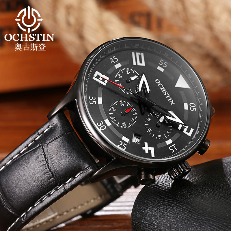 Augusten Leather Waterproof Quartz Calendar Watch Sports