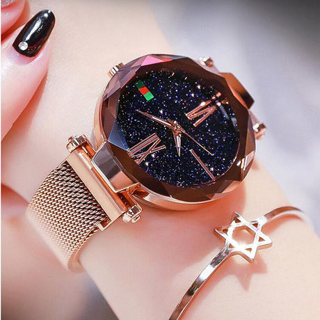 Luxury Ladies Mesh And Magnet Buckle Starry Diamond Geometric Surface Quartz Wristwatch