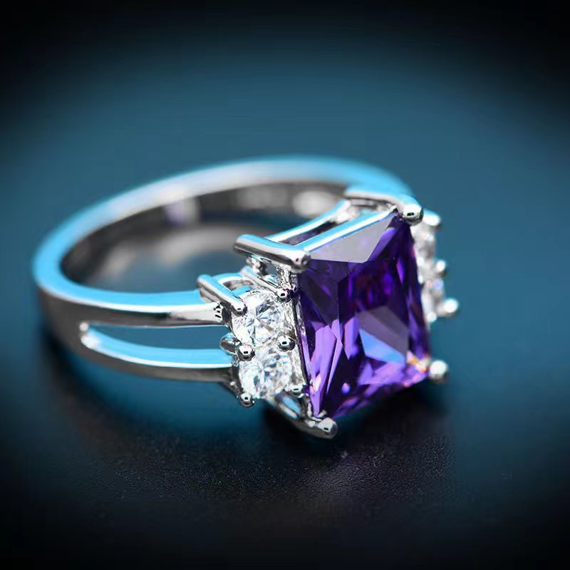 European And American Princess Rectangular Zircon Ring Simple Purple Ladies Jewelry