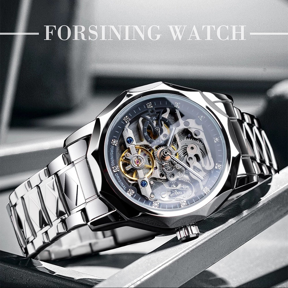 Forsining Men&#039;s Stainless Steel Watch Waterproof Skeleton Automatic Mechanical Watch Tourbillon Rhinestone Men&#039;s Watch