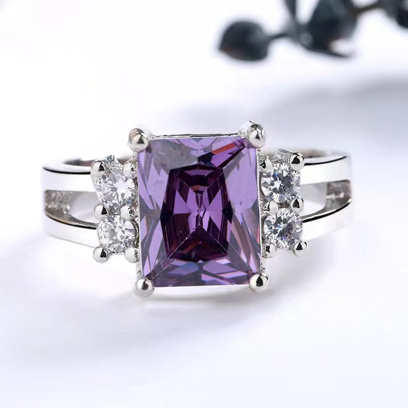 European And American Princess Rectangular Zircon Ring Simple Purple Ladies Jewelry