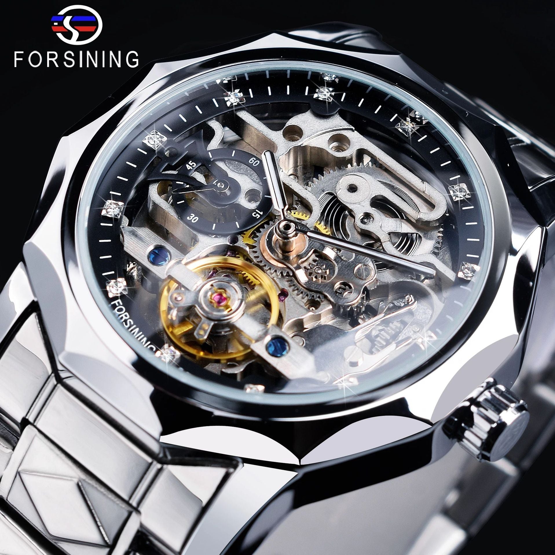 Forsining Men&#039;s Stainless Steel Watch Waterproof Skeleton Automatic Mechanical Watch Tourbillon Rhinestone Men&#039;s Watch