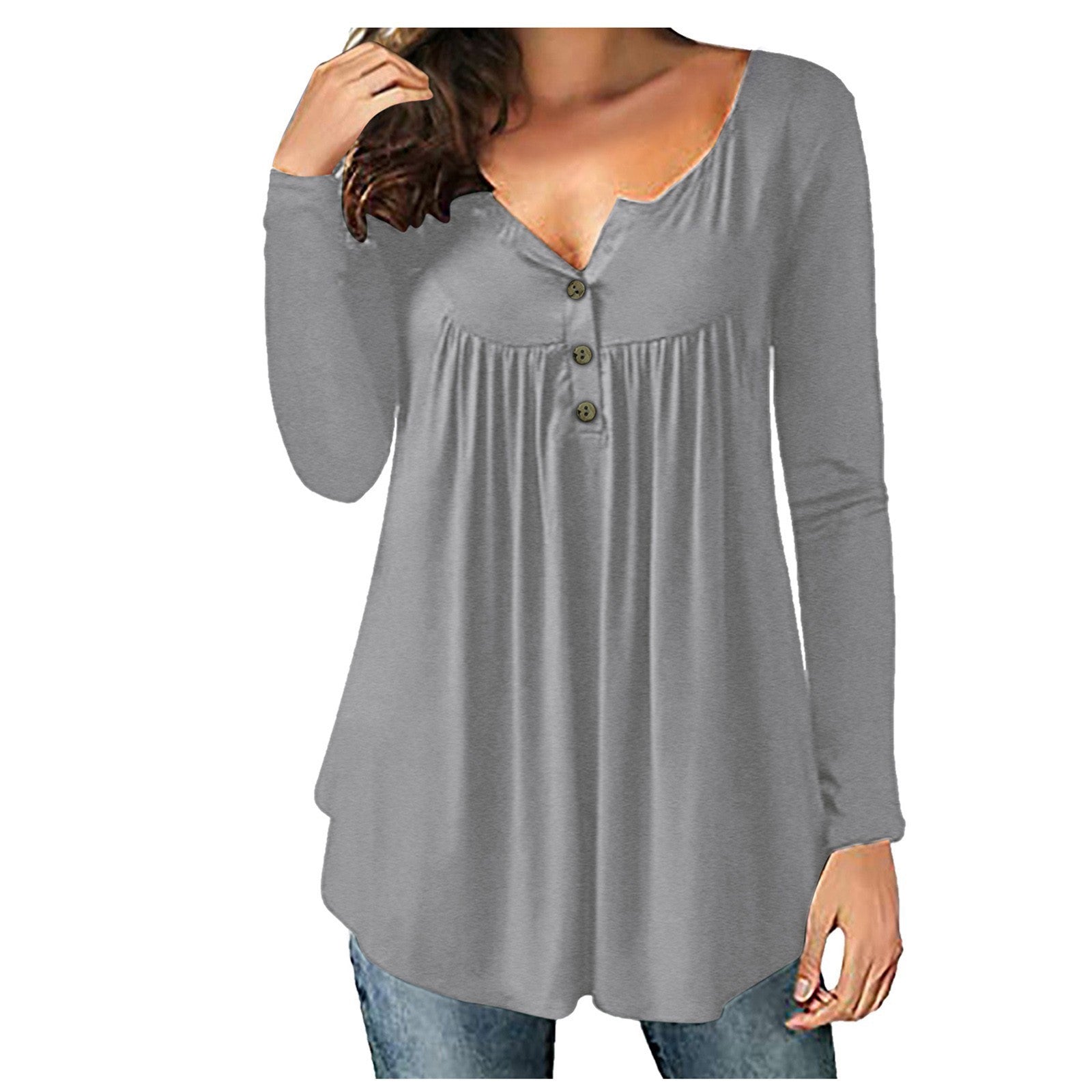 Women&#039;s T-shirt Solid Color V-neck Button Pleated Long Sleeve Loose Casual T-shirt