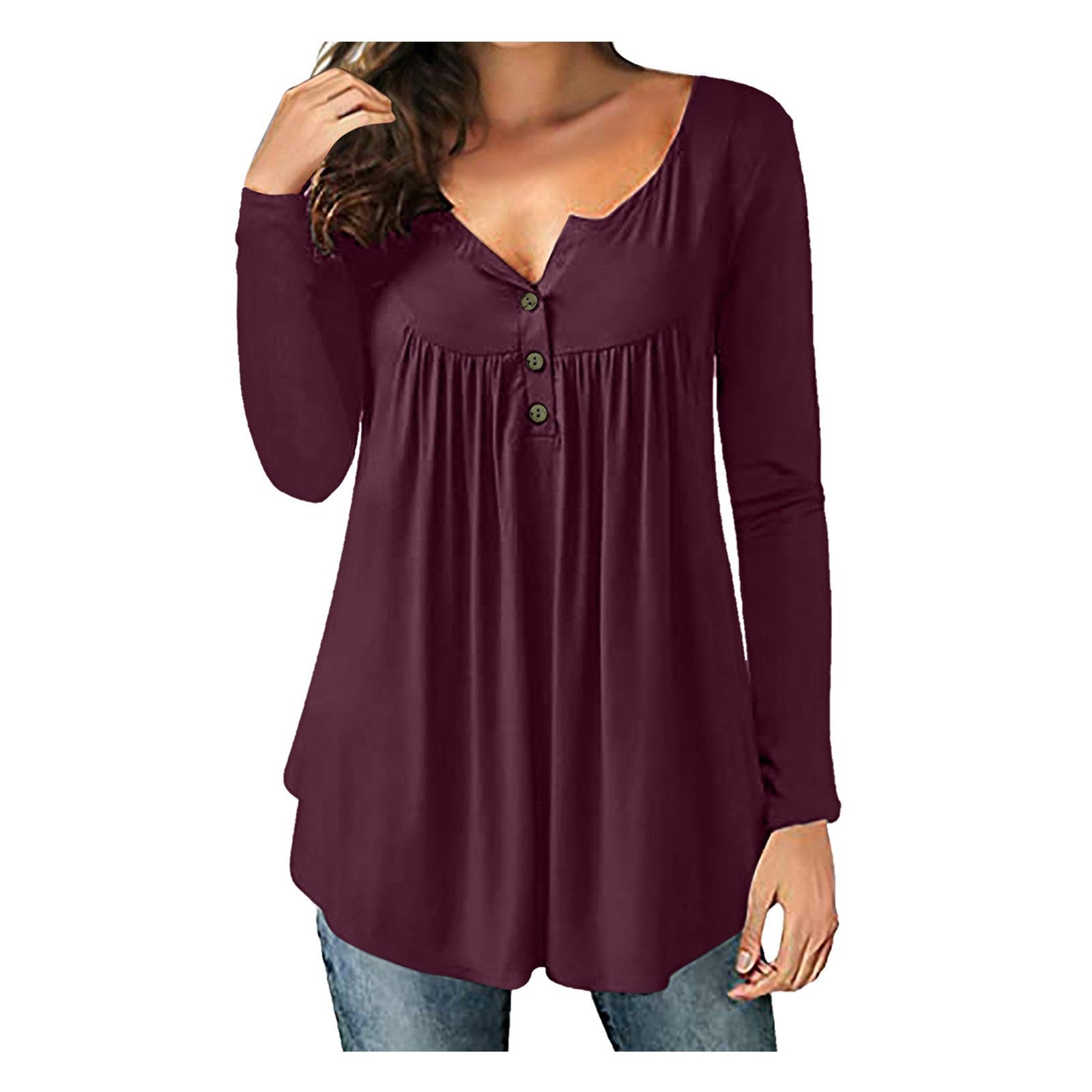 Women&#039;s T-shirt Solid Color V-neck Button Pleated Long Sleeve Loose Casual T-shirt