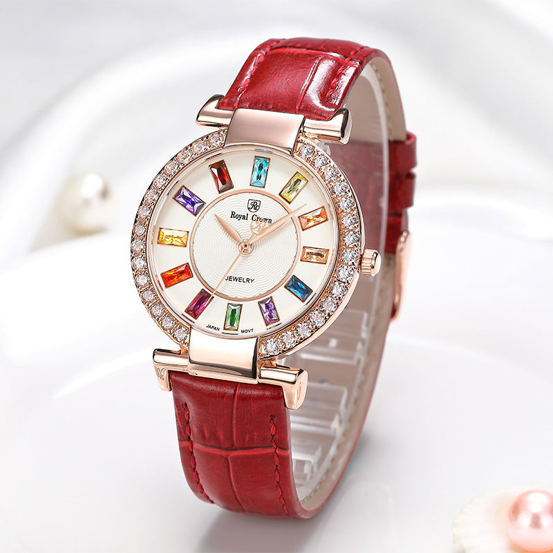 Royal Crown Royakron Ladies Watch With Casual Color Belt And Inlaid Zircon