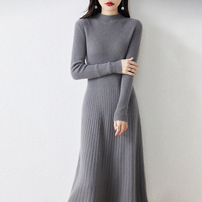 Half Turtleneck Solid Color Wool Dress Women&#039;s Slim Fit 23 Autumn And Winter Style Knitted Long Skirt Slimming Over The Knee Extra Long Sweater Dress