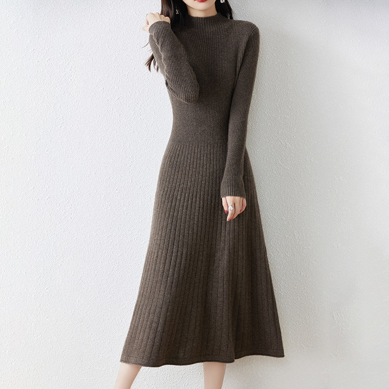 Half Turtleneck Solid Color Wool Dress Women&#039;s Slim Fit 23 Autumn And Winter Style Knitted Long Skirt Slimming Over The Knee Extra Long Sweater Dress