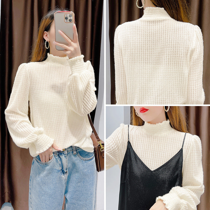 Brushed Lace Base Shirt Women&#039;s Autumn And Winter New Fleece-Lined Thickened High Neck Rabbit Fleece Lace Inner Styline Long Sleeve Top