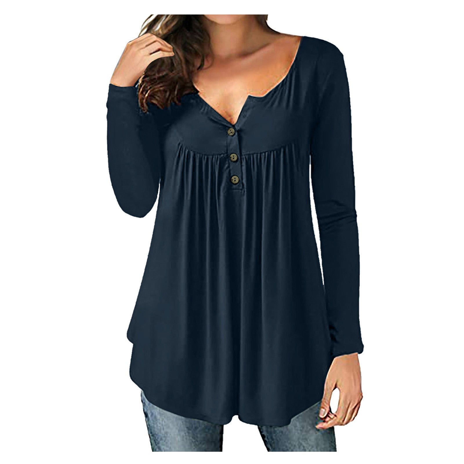 Women&#039;s T-shirt Solid Color V-neck Button Pleated Long Sleeve Loose Casual T-shirt