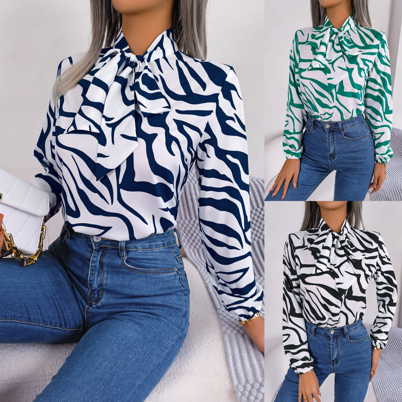 Summer TUEN New Arrival Bow Long Sleeve Elegant Striped Shirt Top