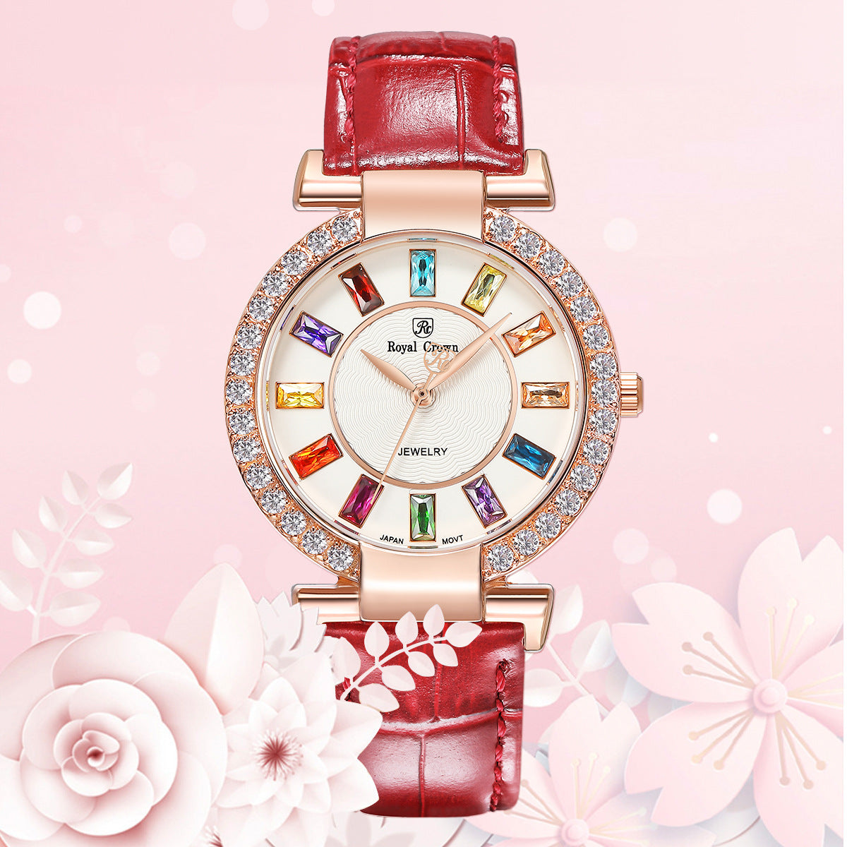 Royal Crown Royakron Ladies Watch With Casual Color Belt And Inlaid Zircon