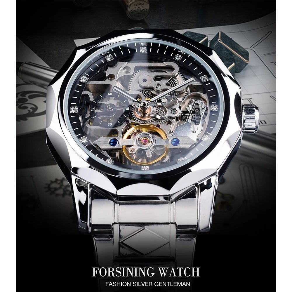 Forsining Men&#039;s Stainless Steel Watch Waterproof Skeleton Automatic Mechanical Watch Tourbillon Rhinestone Men&#039;s Watch