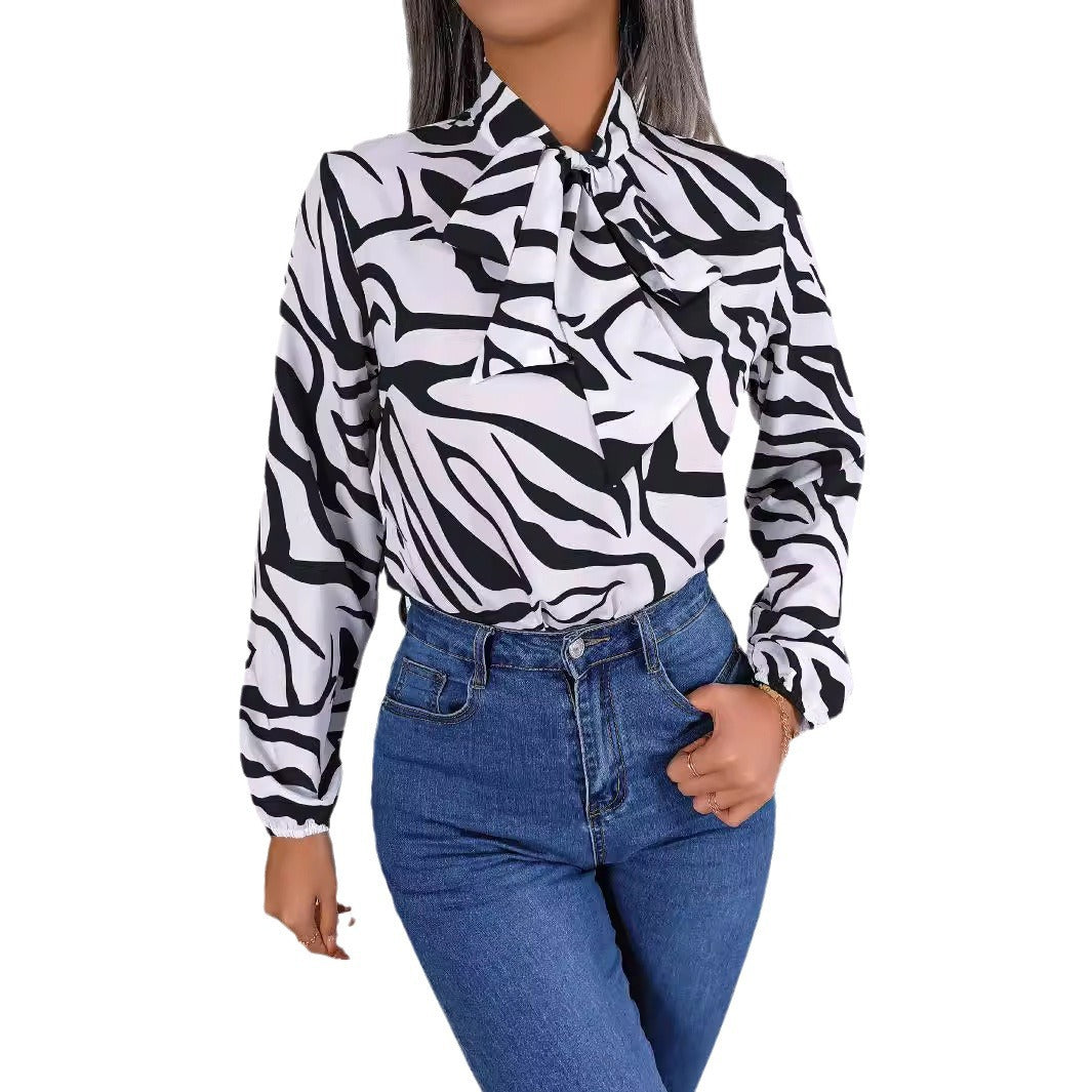 Summer TUEN New Arrival Bow Long Sleeve Elegant Striped Shirt Top