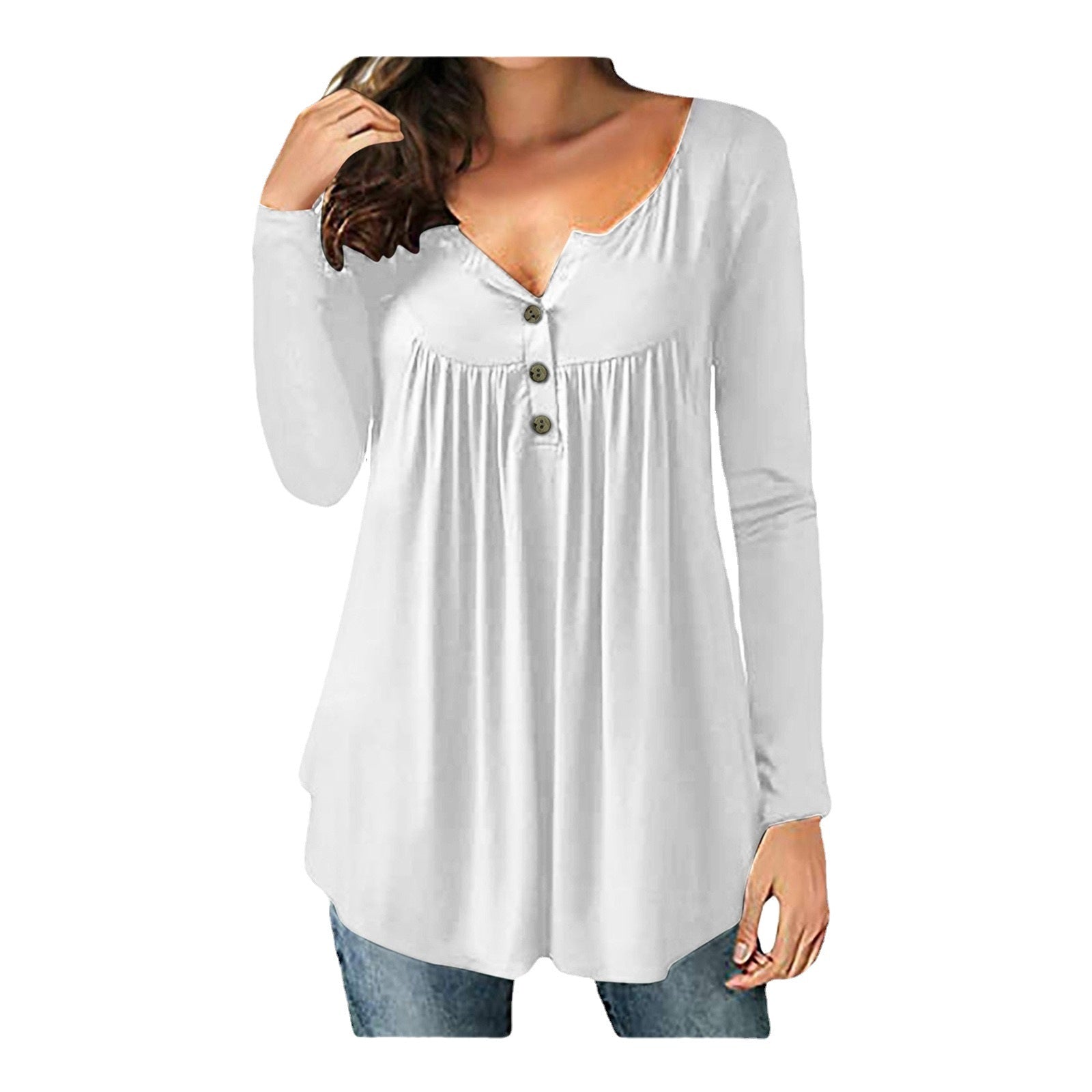 Women&#039;s T-shirt Solid Color V-neck Button Pleated Long Sleeve Loose Casual T-shirt