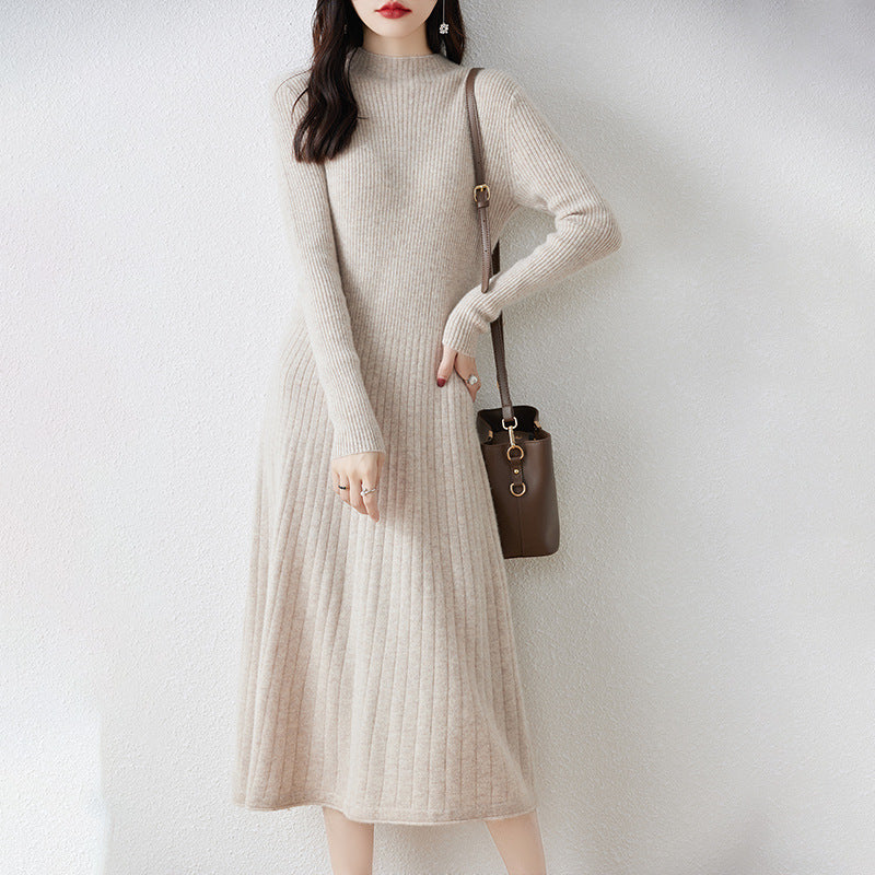 Half Turtleneck Solid Color Wool Dress Women&#039;s Slim Fit 23 Autumn And Winter Style Knitted Long Skirt Slimming Over The Knee Extra Long Sweater Dress