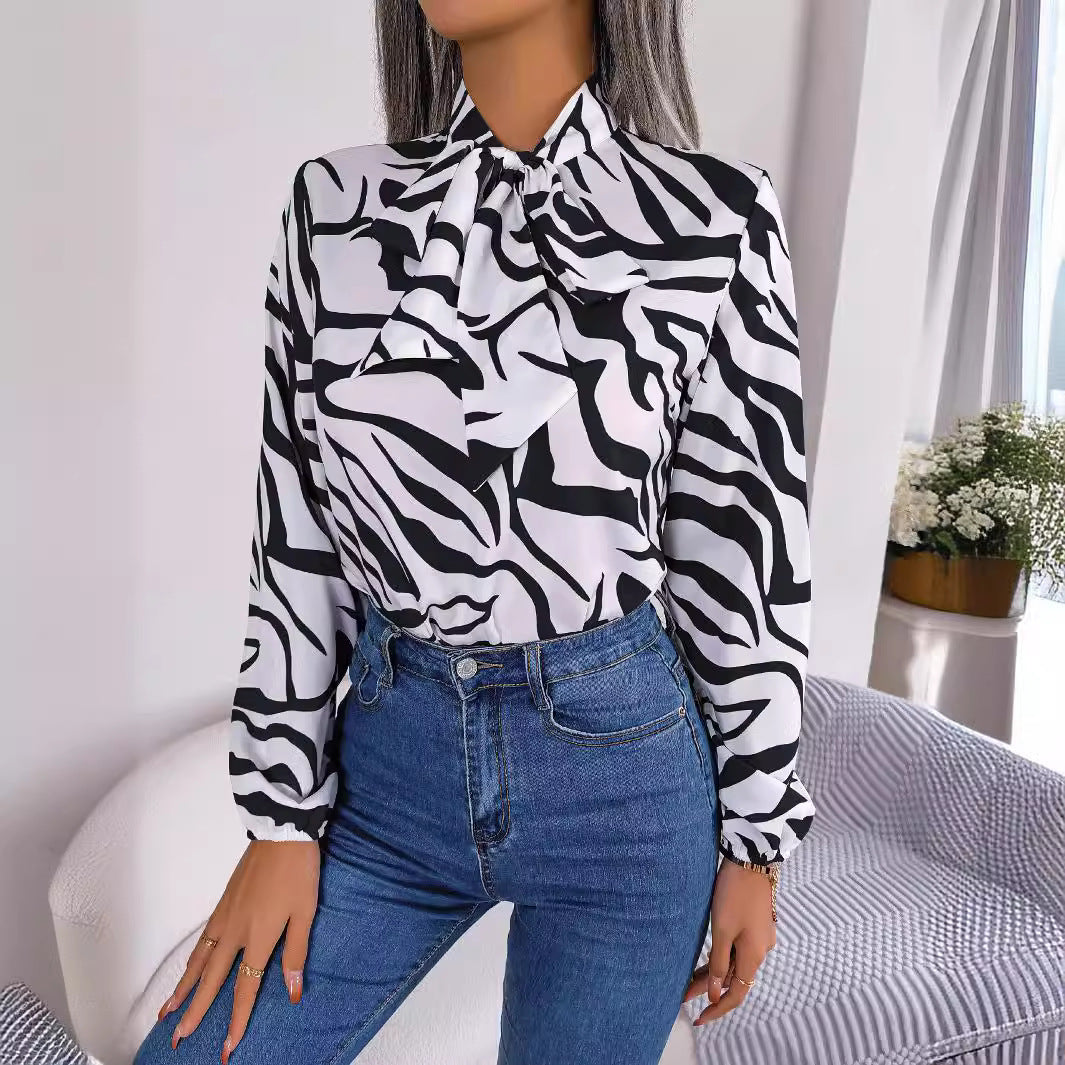 Summer TUEN New Arrival Bow Long Sleeve Elegant Striped Shirt Top