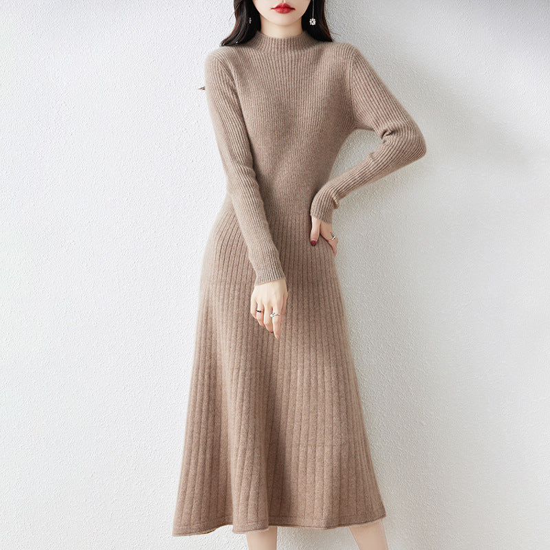 Half Turtleneck Solid Color Wool Dress Women&#039;s Slim Fit 23 Autumn And Winter Style Knitted Long Skirt Slimming Over The Knee Extra Long Sweater Dress