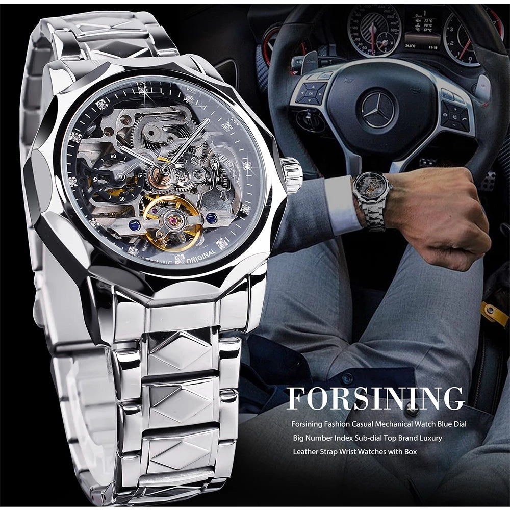 Forsining Men&#039;s Stainless Steel Watch Waterproof Skeleton Automatic Mechanical Watch Tourbillon Rhinestone Men&#039;s Watch