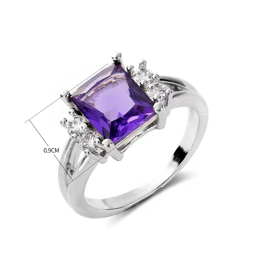 European And American Princess Rectangular Zircon Ring Simple Purple Ladies Jewelry