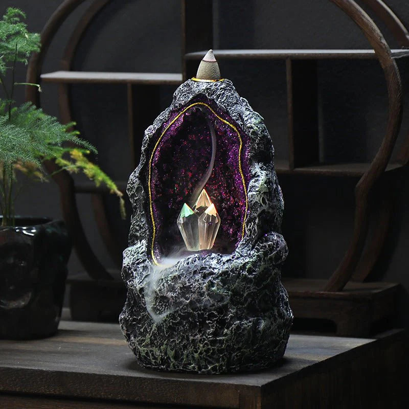 Creative Resin Ornament Backflow Incense Burner with Crystal Cave Led Night Light