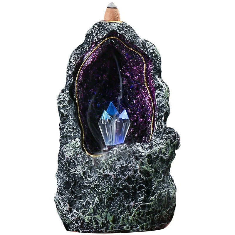 Creative Resin Ornament Backflow Incense Burner with Crystal Cave Led Night Light