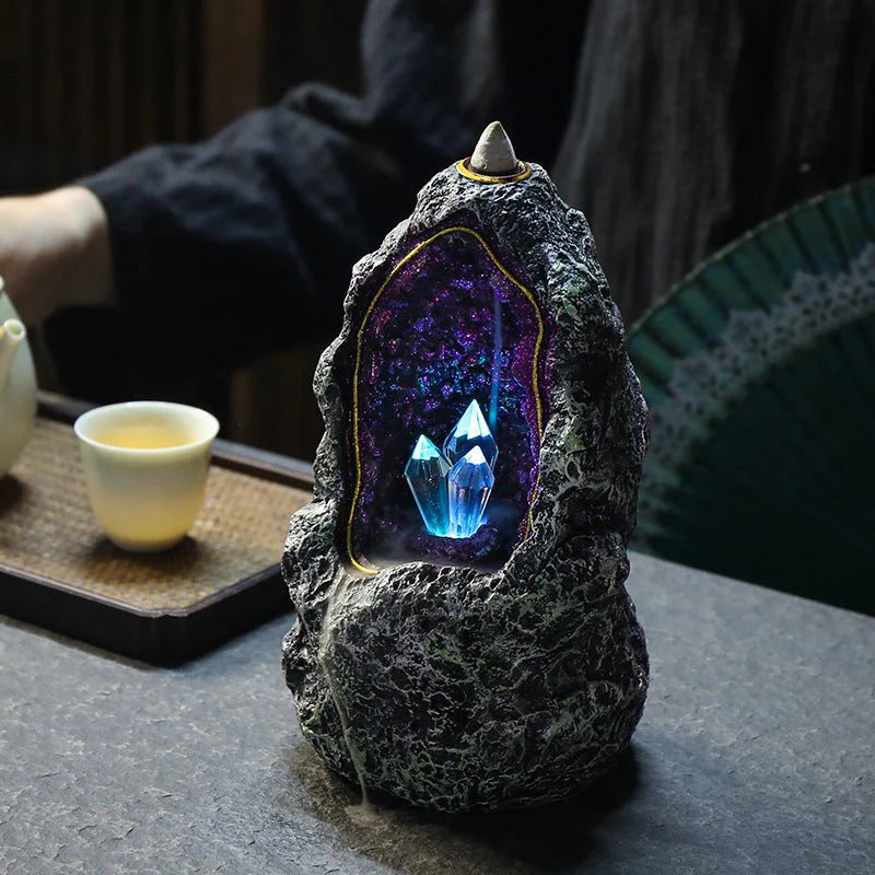 Creative Resin Ornament Backflow Incense Burner with Crystal Cave Led Night Light