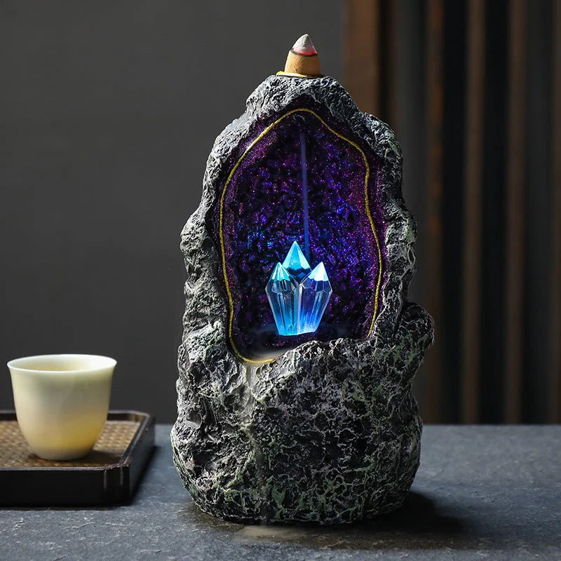 Creative Resin Ornament Backflow Incense Burner with Crystal Cave Led Night Light