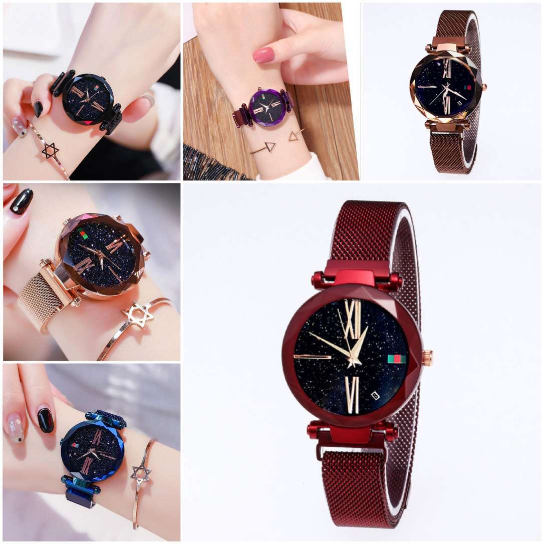 Luxury Ladies Mesh And Magnet Buckle Starry Diamond Geometric Surface Quartz Wristwatch